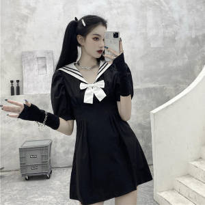 Drespot Gothic School Kawaii Dress Women Goth Wrap Puff Sleeve Black Short Dresses Sailor Collar  Summer Student Clothes