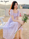 France Floral Print Dress Women Summer Elegant Party Midi Dress Casual Puff Sleeve Holiday Lady Dedigner Chic Korean Dress