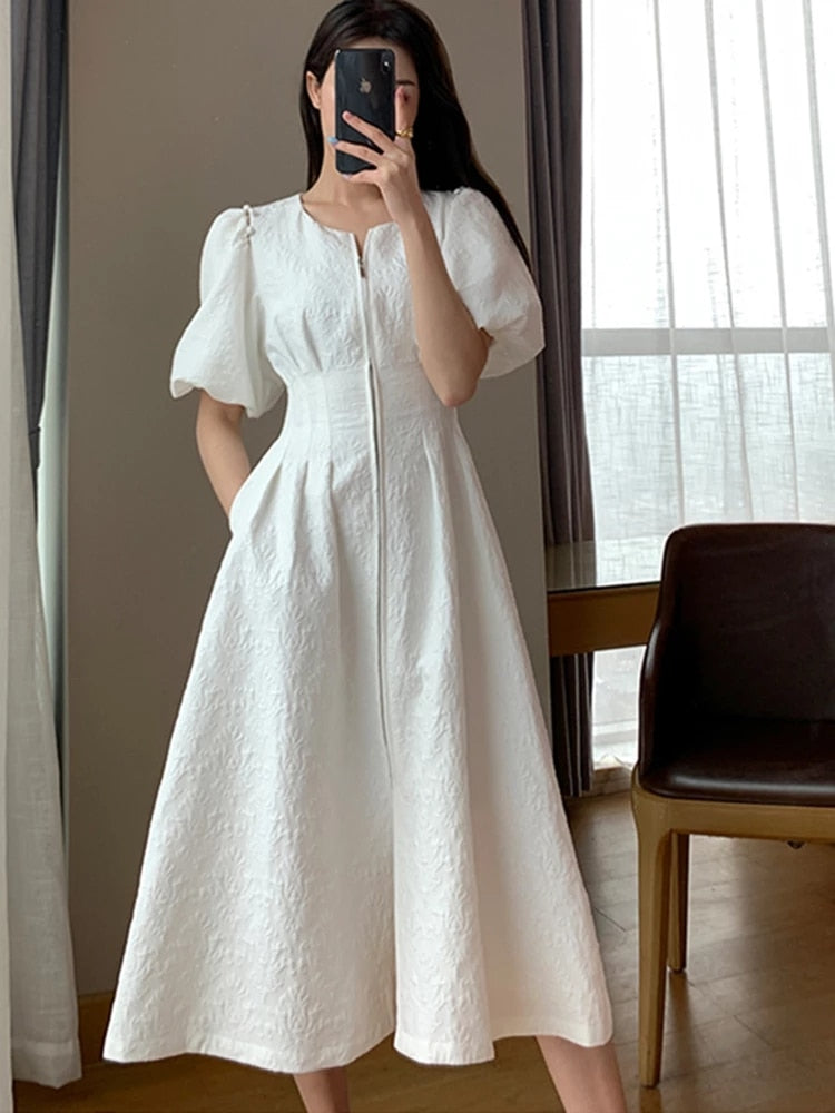 Summer New Women Fashion Elegant White Casual Solid Midi Dresses Office Lady Female A Line Clothes Vestdios