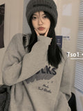 Drespot Korean Style Letter Print Gray Hoodies Women Harajuku Hip Hop Oversized Sweatshirts Black Casual Pullover Tops Vintage