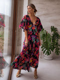 Drespot  Boho Floral Printed V-Neck Short Sleeve Self Belted Cotton Dress Tunic Women Summer Clothes Street Wear Maxi Dresses A1341