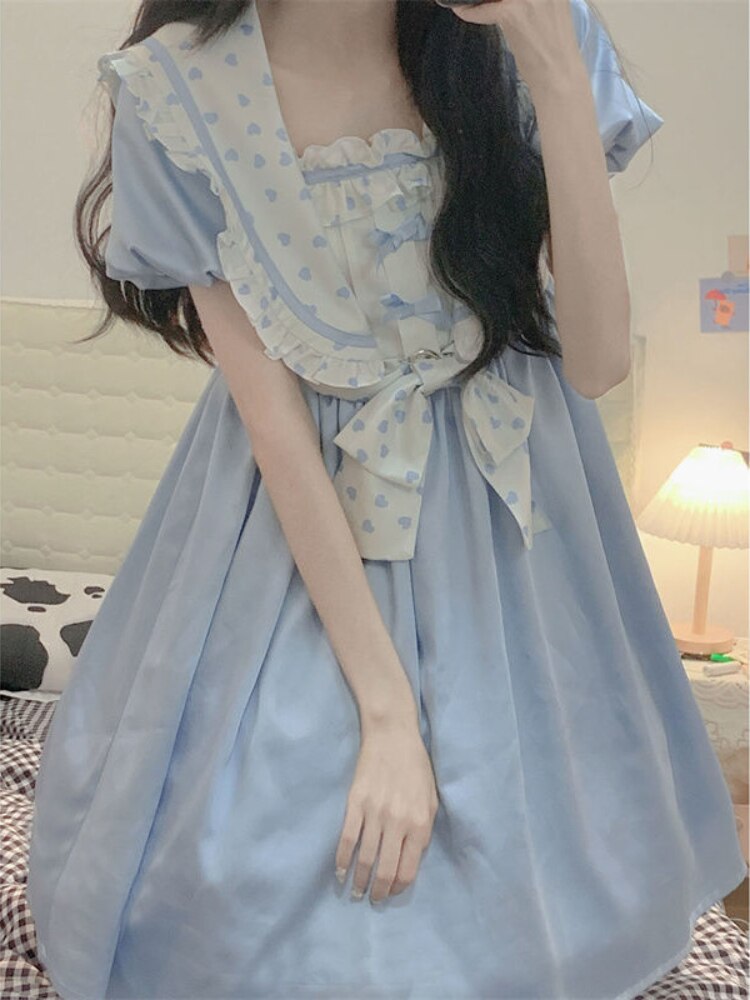 Kawaii Lolita Dress Women Blue Preppy Style Short Sleeve Bow Ruffles Patchwork Summer Dress Japanese Sweet Sundress