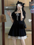 Drespot Black Vintage Dress Lace Patchwork Gothic Dresses Women Summer Kawaii Preppy Style Square Collar Puff Sleeve Streetwear
