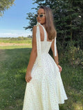 Drespot Floral Print Knot Straps Split Thigh Cami Dress Summer White Sleeveless V-neck Backless Beach Dress Women Slip Dress Robe Femme
