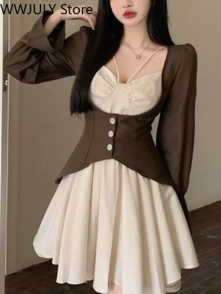 Drespot Lolita Sweet Puff Sleeve Dress Woman Patchwork Gothic Korean Fashion Dress Kawaii Casual  Spring Party Y2k Mini Dress Female