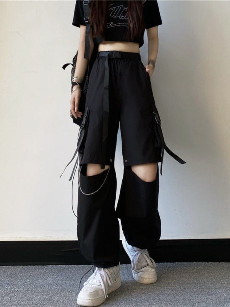 Deeptown Gothic Punk Cargo Pants Hollow Out Oversize Hippie Streetwear Wide Leg Jogging Black Trousers Female Techwear Pockets
