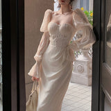 Summer New Women Fashion Elegant Puff-Sleeve Midi Corset Dresses Evening Prom Female Party Lady Clothes Vestdios
