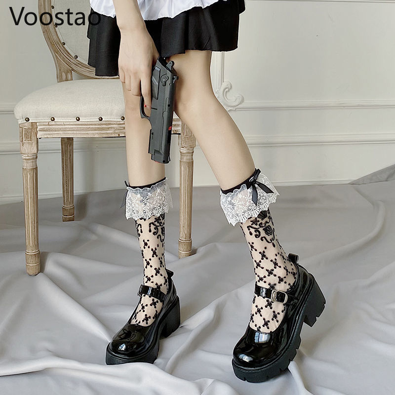 Drespot  Japanese Gothic Lolita Socks Kawaii Girl Bowknot Transparent JK Uniform Tube Socks Cosplay Women Harajuku Y2k Princess Socks