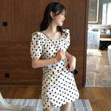 Sweet Dot Split Mini Maxi Dresses for Women Summer  Elegant Puff Sleeve Female Dress Cute Office Lady Dress Vestido Sundress
