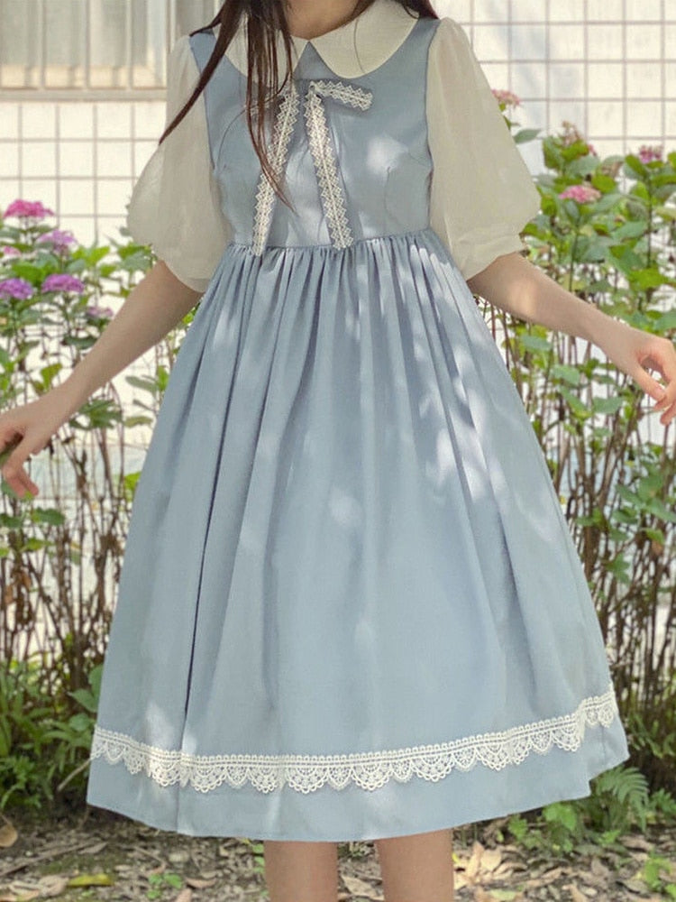 Drespot Sweet Kawaii Lolita Dress Women Preppy Style School Puff Sleeve Dresses Cute Peter Pan Collar Student Clothes  Summer