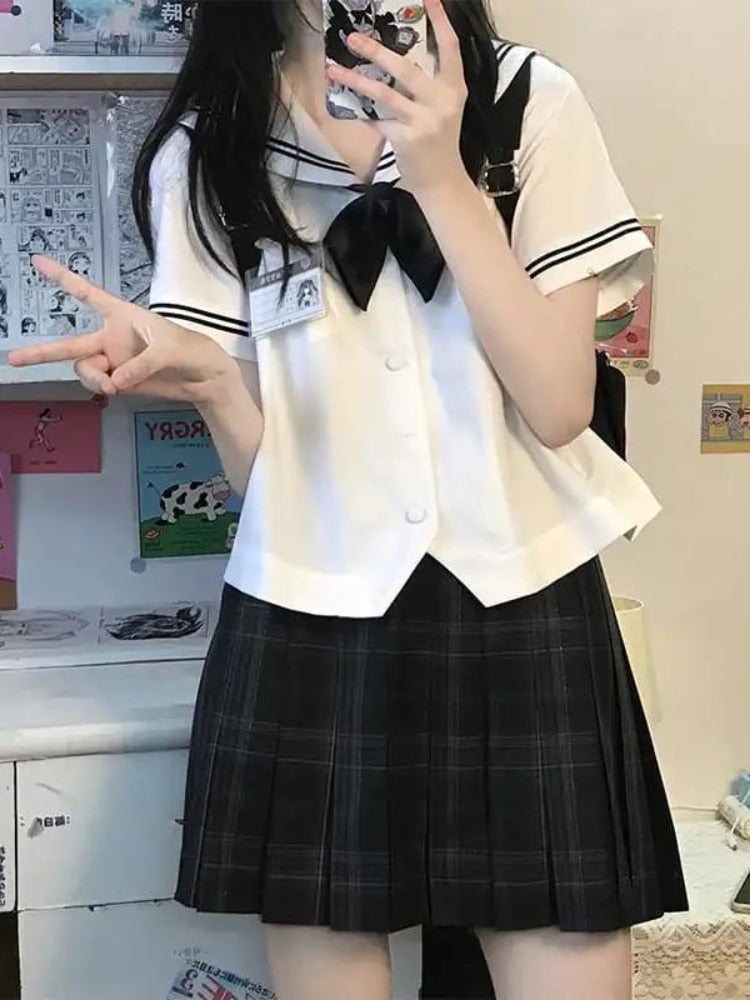 Drespot Kawaii Preppy Style Shirt Women White Blouse Jk Bow Japanese Sailor Collar Lolita School Girl Summer  High Street