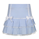 IAMHOTTY Kawaii Mini Skirt Women Plaid Print Bow Lace Patchwork Japanese Lolita Style Tiered Pleated Skirt y2k Aesthetic Outfit