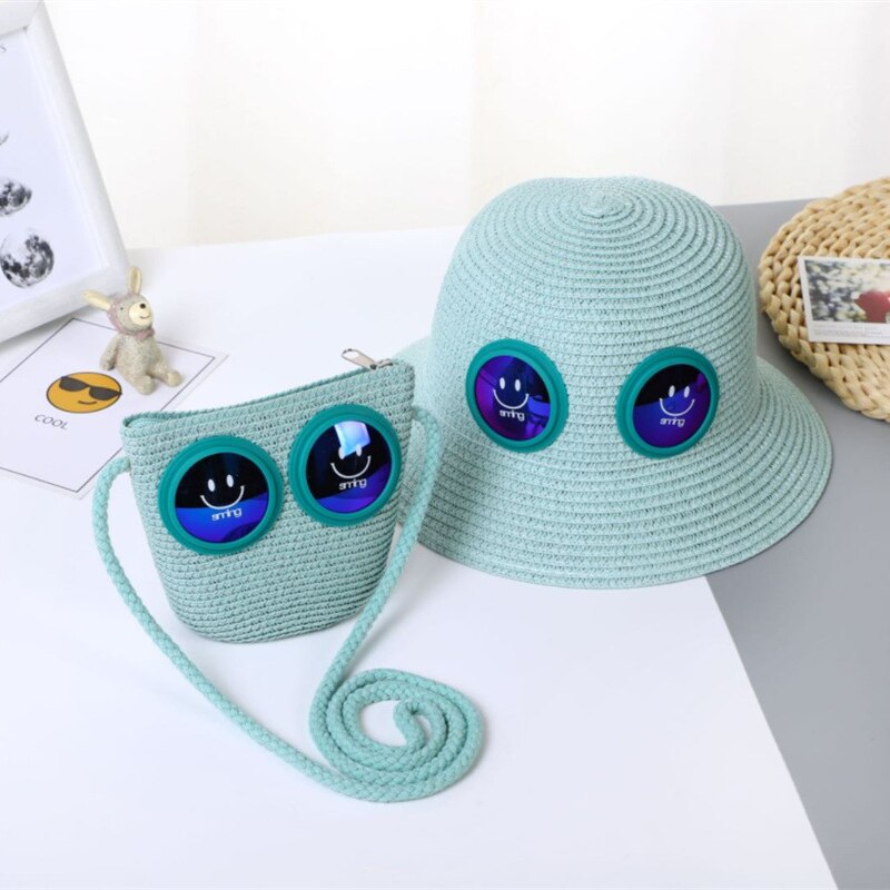 Summer Baby Smiley Straw Hat With Bag Set Kid Hip Hop Sunglasses Trim UV Bucket Hat For Toddler Girl Foldable Vacation Beach Hat