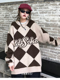 Vintage Argyle Sweater Women Harajuku Hip Hop Knitted Jumper Loose Casual Long Sleeve Contrast Knitwear Tops Streetwear
