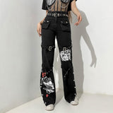 Gothic Bandage Black Jeans Women Harajuku Hight Waist Pants Female Cartoon Print  Denim Baggy Trousers Dark Academia Mujer