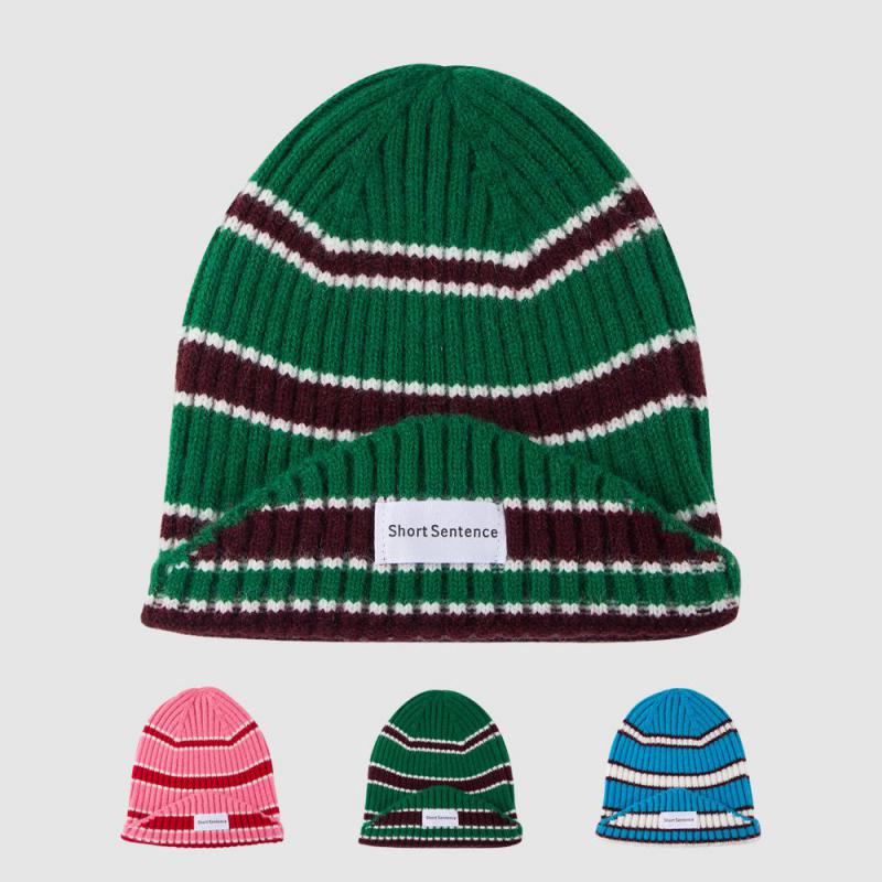 Striped Knitted Wool Beanie Hat Women Winter Bonnet European Fashion Letter Patch Witcher Caps Men For Warm Gift
