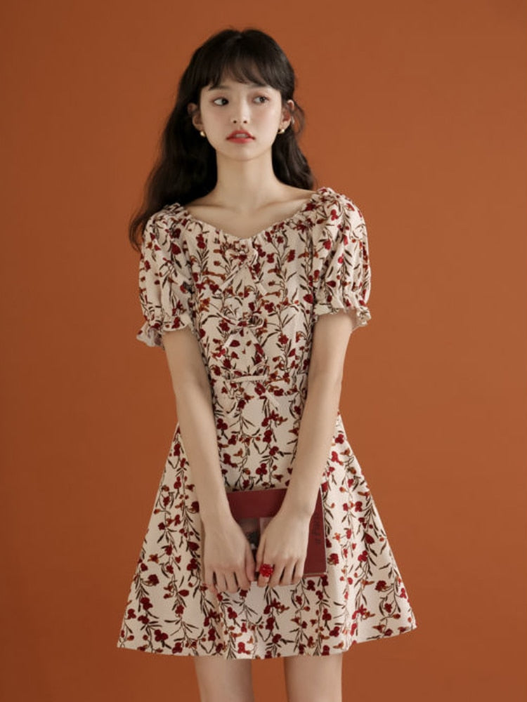 Summer Floral Dress Women Sweet Elegant Short Sleeve  Korean Fashion Puff Sleeve Square Collar Dress Casual Vintage