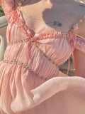 Summer Pink Casual Beach Fairy Dress  Boho France Elegant Strap Dress Women Chiffon Korean Style Sweet Party Midi Dress New
