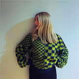 Drespot Thanksgiving Green And Black Mixed Checkerboard Jumper Pullovers Women Checkered Knit Sweaters Autumn Winter