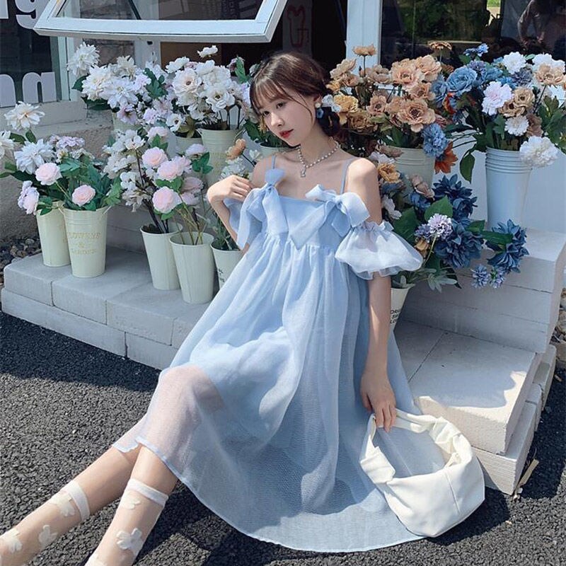 Drespot Summer Mesh Slip Dress Women Fairy Sweet Lolita Kawaii Cute Off Shoulder Short Dresses Casual  Sundress Robes Female