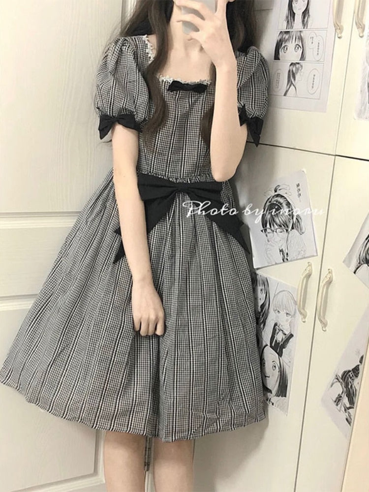 Summer Plaid Dress Women Sweet Cute Bow Preppy Style Kawaii Dresses Japanese Lolita Sundress Black White Patchwork