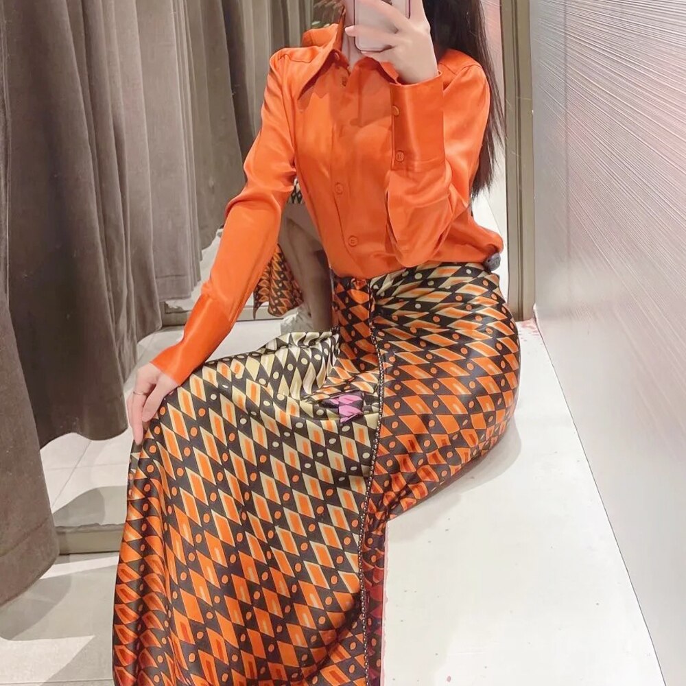 Wrapped Skirt Women Fashion With Knotted Metallic Appliques Printed Midi Vintage High Waist Back Zipper Female Skirts Mujer