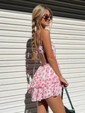 IAMHOTTY Lace-up Backless Short Party Dress Pink Floral V-neck Sexy Sundress Beach Vacation Y2K Dresses Kawaii Aesthetic Outfit