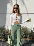 Drespot Thread Knit Long Sleeve Tops Hollow Out Slit Slim Crop Top Casual T-shirts 2023 New Fall Winter Outfits Back to School Outfits