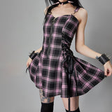 Plaid Slip Dress Gothic Women Black Sexy Bandage Sleeveless Mini Dresses  Summer Goth Grunge Harajuku Y2k Sundress