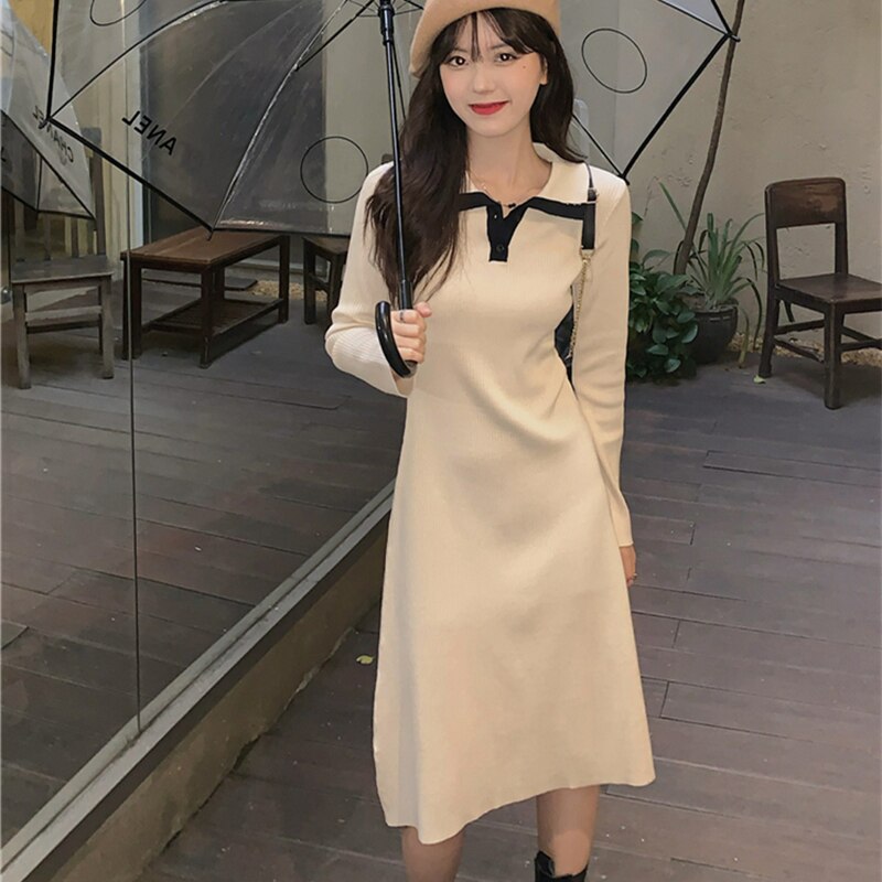 Long Sleeves Womens Knitting Dress Spring Midi Skirt Polo Collar Chic Design French Hepburn Elegant Style Fashion Female Dress