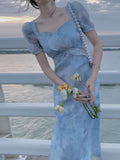 New Women Elegant Flower Print Midi Dress Female Vintage Korea Style One Piece Robe Femme Fashion Clothing