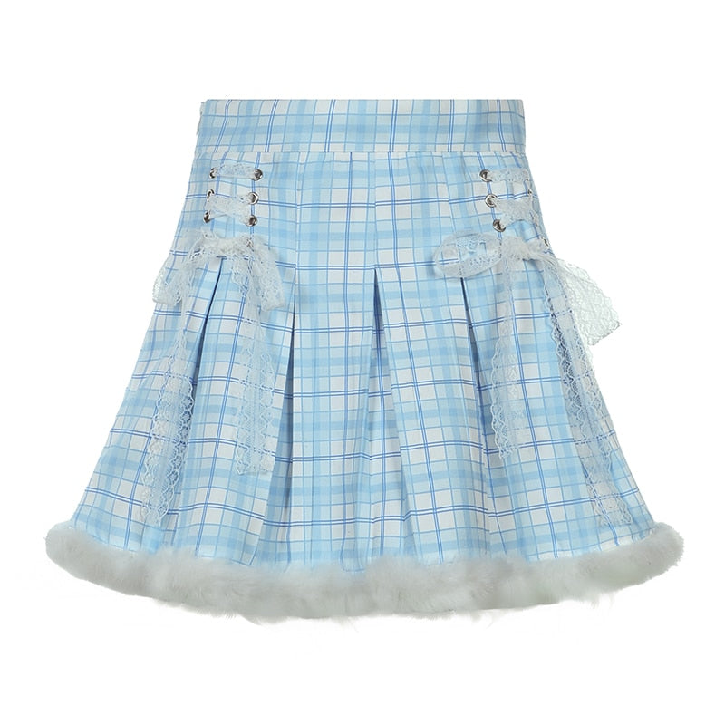 Y2K Plaid Print Pleated Skirt High-waisted Lace Up Feather Patchwork Kawaii A Line Short Skirts Pink Lolita Japanese