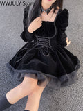 Drespot   Spring Black Velvet Y2k Mini Dress Woman Gothic Kawaii Lolita Dress Party Long Sleeve Korean Fashion Dress Lace Design Slim