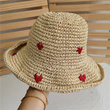 Braid Heart Straw Cap Ladies Sunscreen Summer Hat Foldable Panama Hat Girl UV 40+ Beach Hat Eaves Seaside Vacation Sun Cap