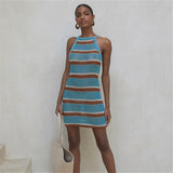 Sexy Striped Dress Blue Crochet Tunic Elegant Sleeveless Women Summer Dress Beach Wear Swim Suit Cover Up Q1255