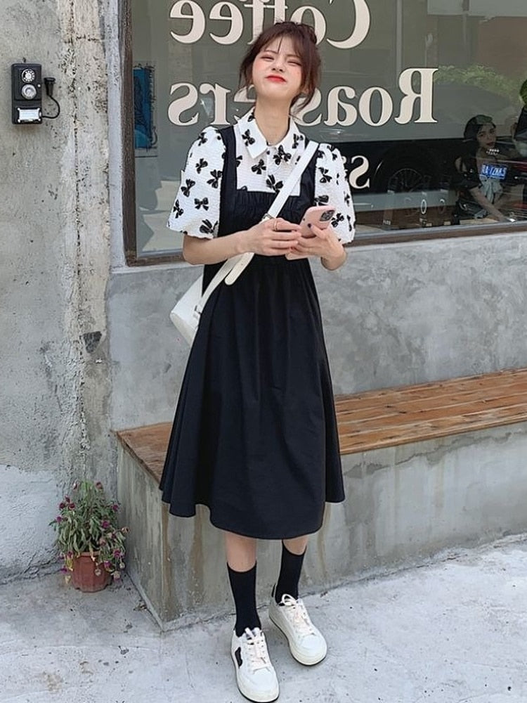 Drespot Mori Korean Style Black Dress Women Polo Harajuku Ruched Kawaii School Dresses  Summer Sundress Casual