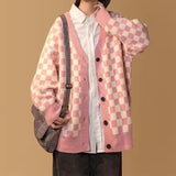 Korean Fashion Plaid Cardigan Sweater Women Japanese Style Oversized V-neck Knitted Jumper Female Vintage Autumn Coats