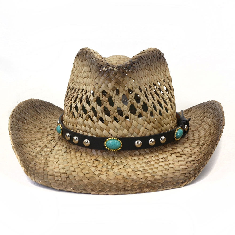 Boho Natural Straw Cowgirl Cowboy Hats wiht Turquoise Hatband Authentic Western Sombrero Unisex Summer Vacation Beach Party Cap