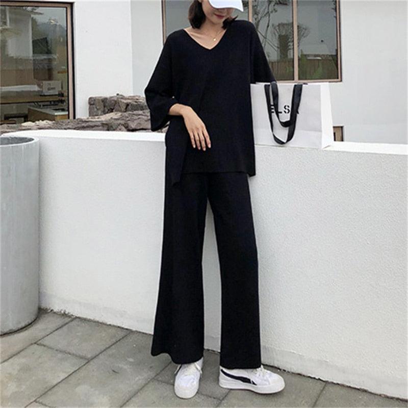 Drespot Knitting Female Sweater Pantsuit For Women Two Piece Set Pullover V-Neck Long Sleeve Bandage Top Wide Leg Pants  Suit