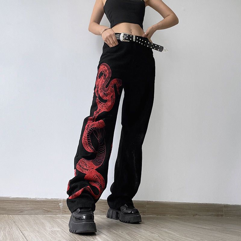 Drespot  Gothic Women Black Jeans Dark Academia Streetwear Emo Snake Print Punk Wide Leg Denim Pants Chinese Style Trousers