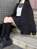 Drespot Preppy Style Gray Cardigan Hoodies Women Harajuku Kawaii Oversized Loose Sweatshirts Black All-Match Tops Japan Sweet