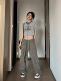 Drespot Y2K Baggy Cargo Pants Women 00S Low Rise Big Pocket Full Length Army Green Jean Pants