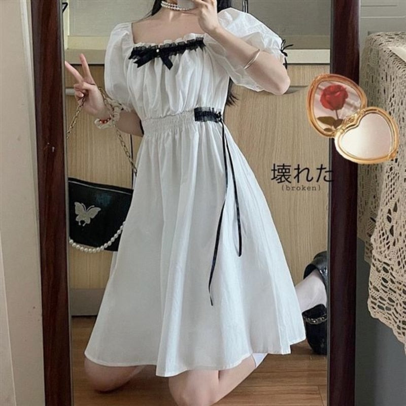 Drespot  Kawaii Bow Summer Dress Women White Sweet Preppy Style Square Collar Puff Sleeve  Korean Fashion Sundress Black