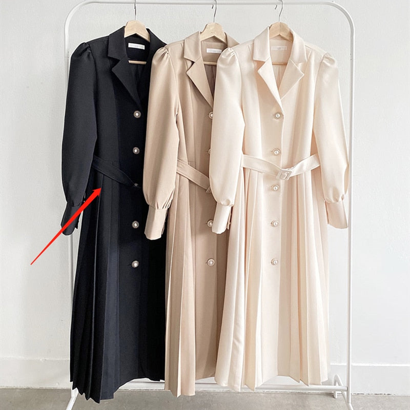 Drespot Elegant Women Spring Notched Collar Suit  Single-breasted Office Lady Full Sleeve High Waist Female Pleated Midi Dress