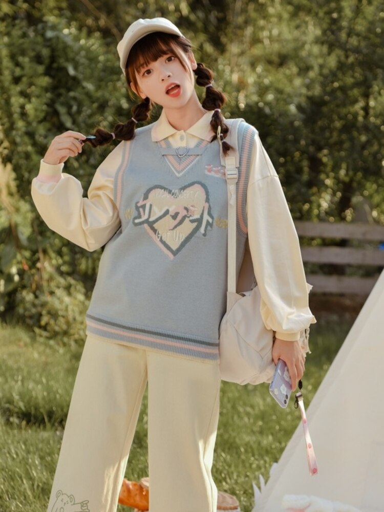Kawaii Knit Sweater Vest Women Japanese Harajuku V-neck Tank Tops Sweet Sleeveless Loose All-match Jumper Preppy Style