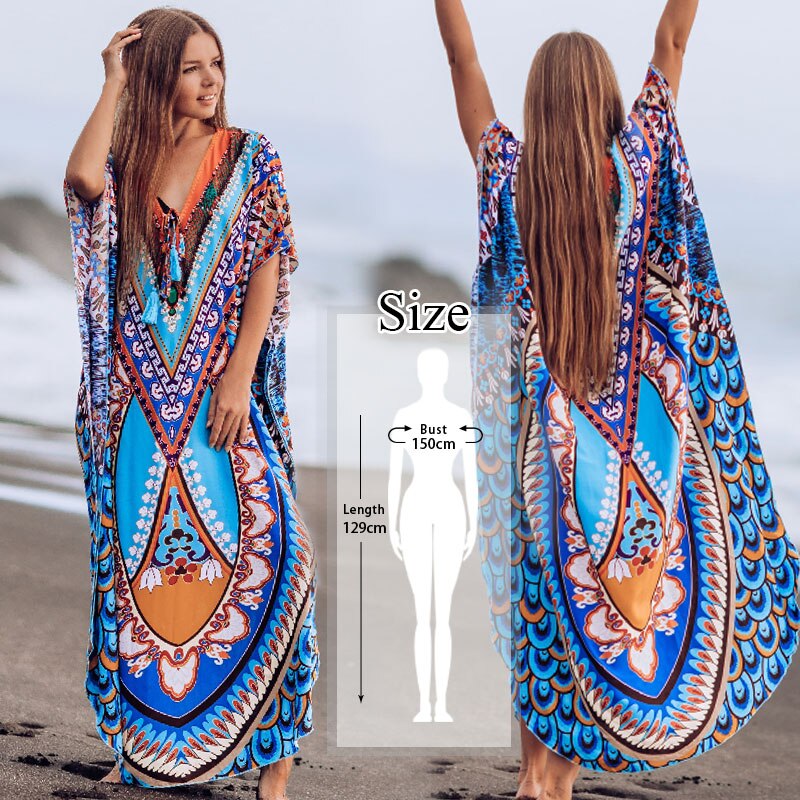 Retro Printed Morrocan Kaftan Plus Size Indie Folk V-neck Batwing Sleeve Side Split Summer Dress For Women Clothing Q1230