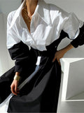 Women Spring Autumn Elegant Patchwork Hit Color Dress  Long Sleeve Casual Midi Shirt Dresses Wiht Belt Female Clothes