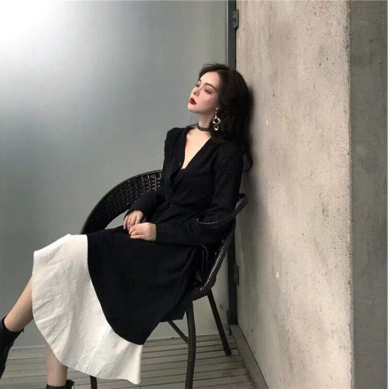 Drespot Elegant Women Dress Two Piece Set Black Casual Vintage Oversized Slip Dresses Patchwork Spring  Fashion Female Robe