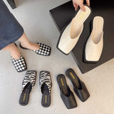 Drespot Zebra Print Slippers Women Checkered Fashion Pumps Mules Simple Commute Solid Color Sandals  New Designer Women Shoes Slides