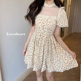 Drespot Kawaii Floral Dress Women Sweet Lace Patchwork  Summer Mini Dresses Fairy Boho Style Sundress Sexy Fashion Robe